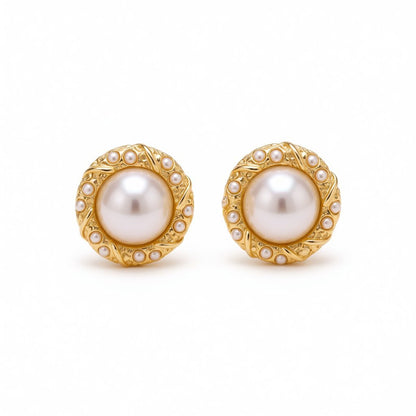 Pearl and 18K Gold-Plated Round Stud Earrings, gold stud earrings for women, vintage-inspired design, side view