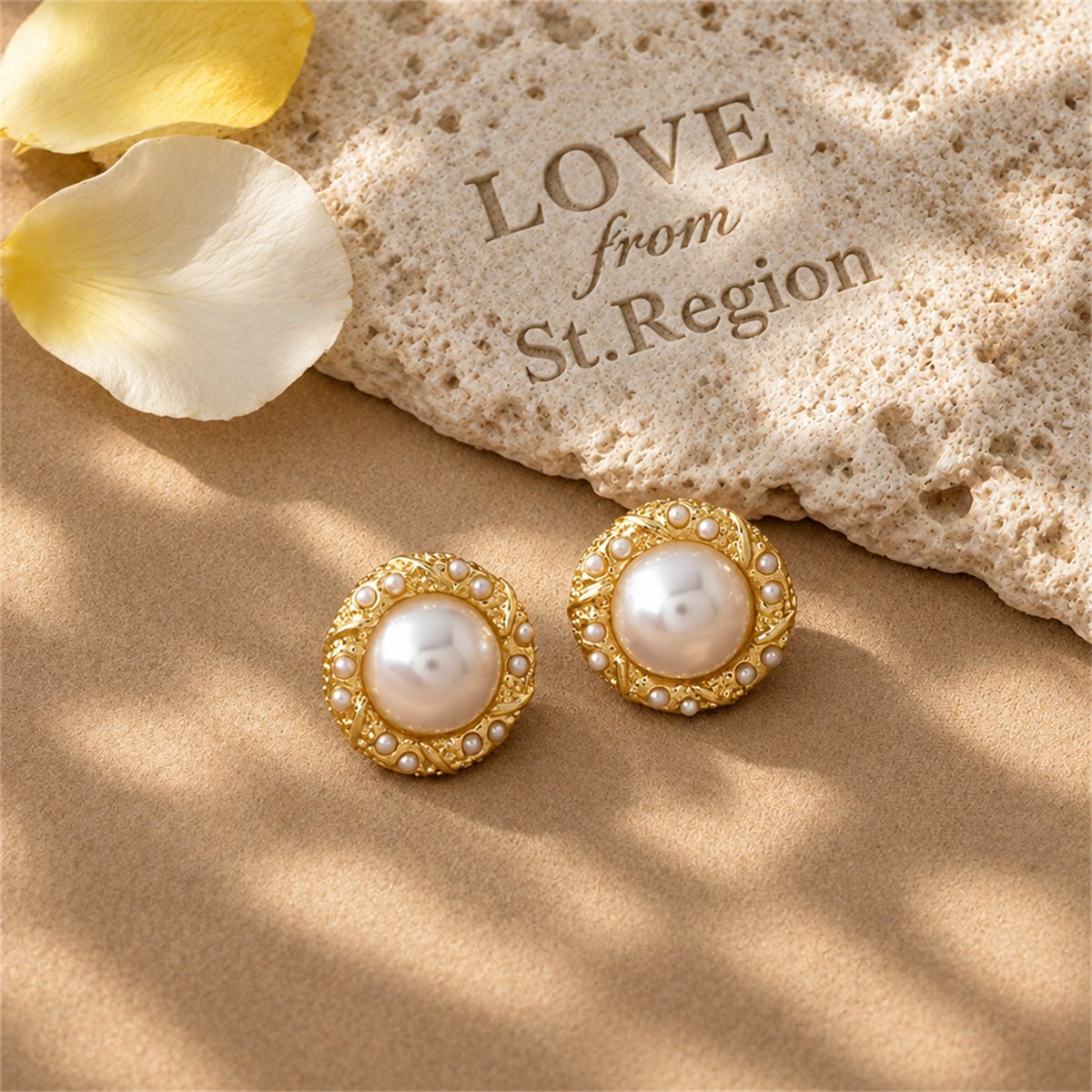 Pearl and 18K Gold-Plated Round Stud Earrings, gold stud earrings for women, vintage-inspired design, lifestyle look