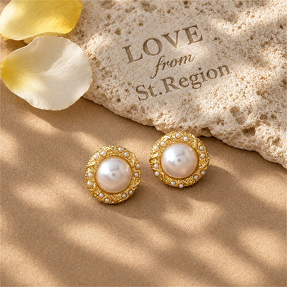 Pearl and 18K Gold-Plated Round Stud Earrings, gold stud earrings for women, vintage-inspired design, lifestyle look