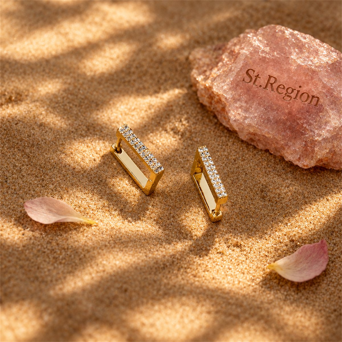 Cubic Zirconia and 18K Gold Plated Rectangle Huggie Earrings, gold huggie earrings, dainty minimalist design, detail close-up