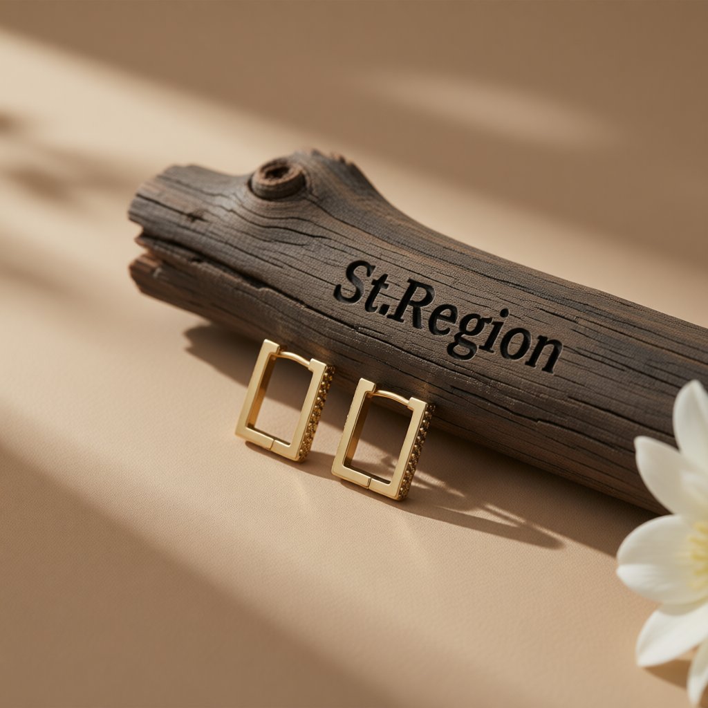 Cubic Zirconia and 18K Gold Plated Rectangle Huggie Earrings, gold huggie earrings, dainty minimalist design, front view