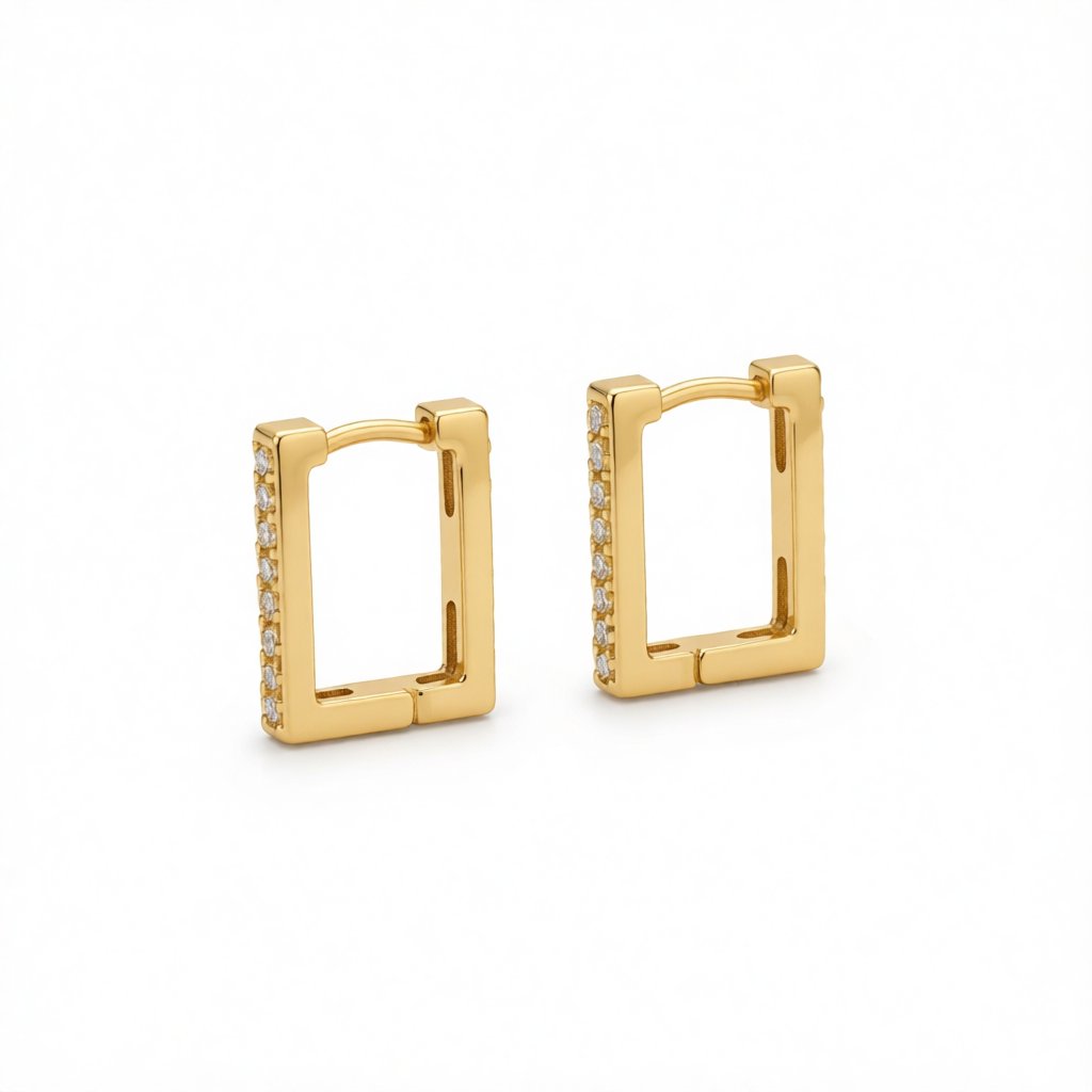 Cubic Zirconia and 18K Gold Plated Rectangle Huggie Earrings, gold huggie earrings, dainty minimalist design, side view
