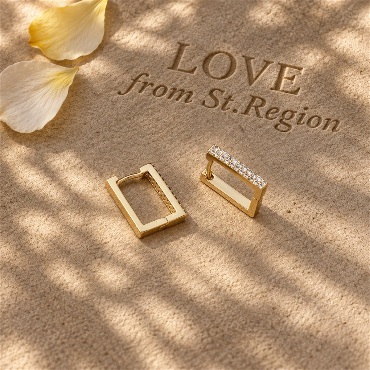 Cubic Zirconia and 18K Gold Plated Rectangle Huggie Earrings, gold huggie earrings, dainty minimalist design, lifestyle look