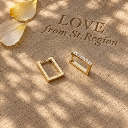 Cubic Zirconia and 18K Gold Plated Rectangle Huggie Earrings, gold huggie earrings, dainty minimalist design, lifestyle look
