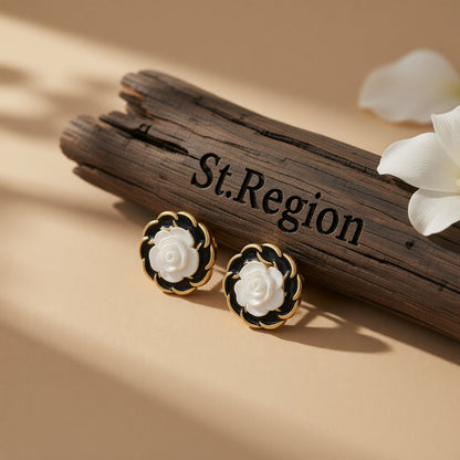 White Resin and Black Enamel 18K Gold-Plated Camellia Stud Earrings, gold stud earrings for women, front view