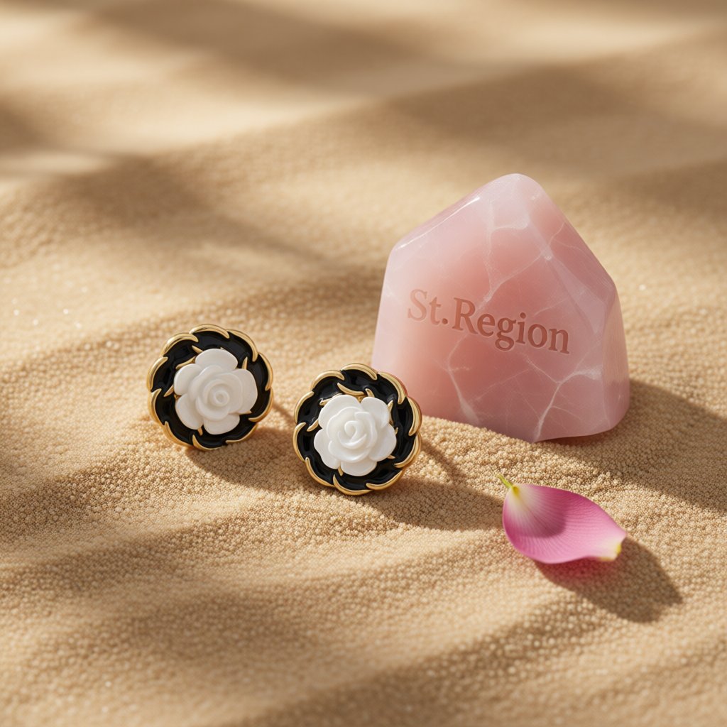 White Resin and Black Enamel 18K Gold-Plated Camellia Stud Earrings, gold stud earrings for women, detail close-up