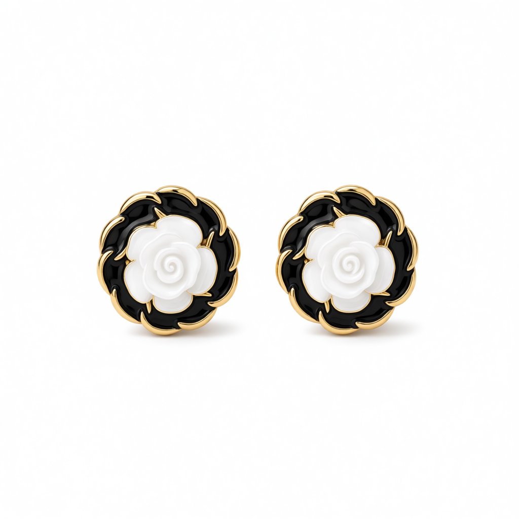 White Resin and Black Enamel 18K Gold-Plated Camellia Stud Earrings, gold stud earrings for women, side view