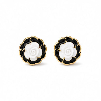 White Resin and Black Enamel 18K Gold-Plated Camellia Stud Earrings, gold stud earrings for women, side view