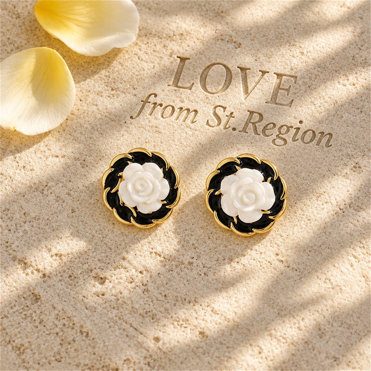 White Resin and Black Enamel 18K Gold-Plated Camellia Stud Earrings, gold stud earrings for women, lifestyle look