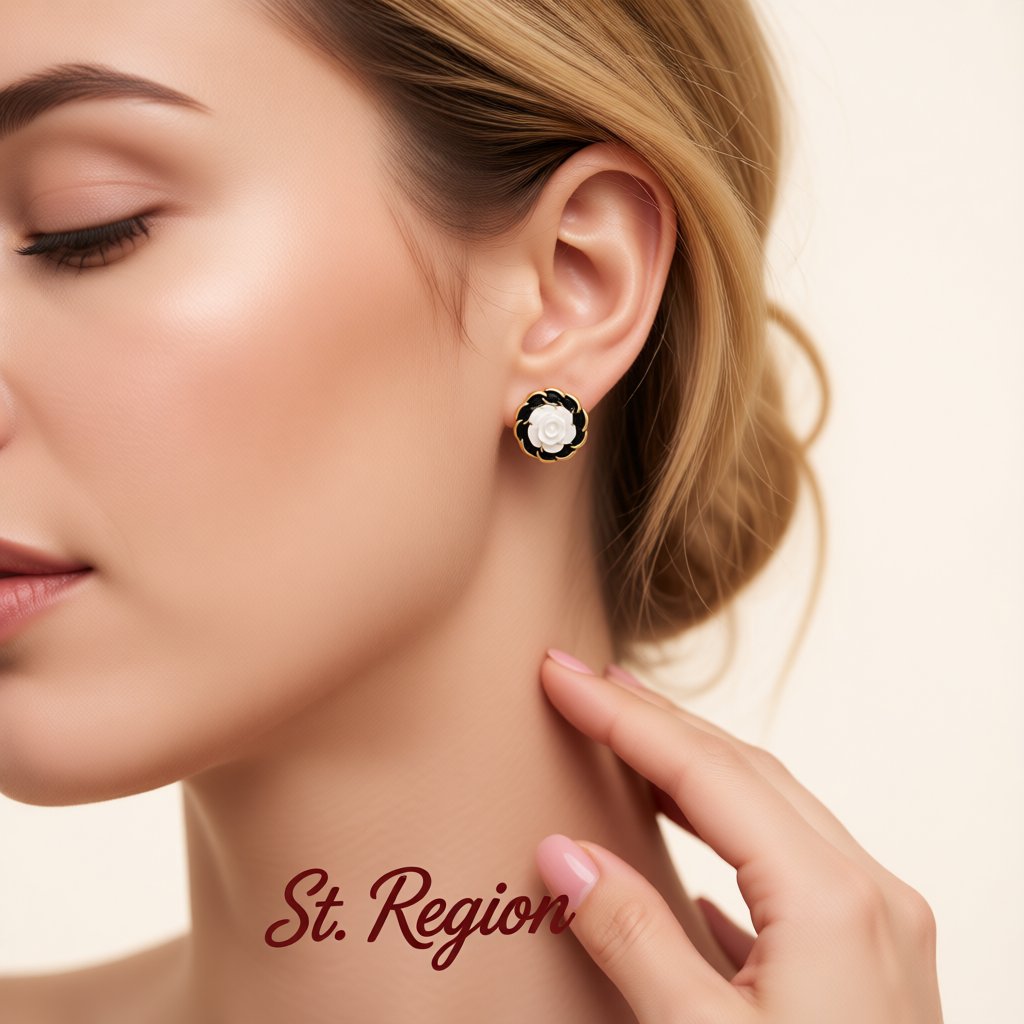 White Resin and Black Enamel 18K Gold-Plated Camellia Stud Earrings, gold stud earrings for women, styled look