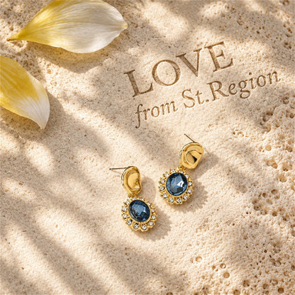 Blue Crystal and Cubic Zirconia 18K Gold-Plated Oval Drop Earrings, gold drop earrings for women, lifestyle look
