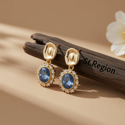 Blue Crystal and Cubic Zirconia 18K Gold-Plated Oval Drop Earrings, gold drop earrings for women, front view