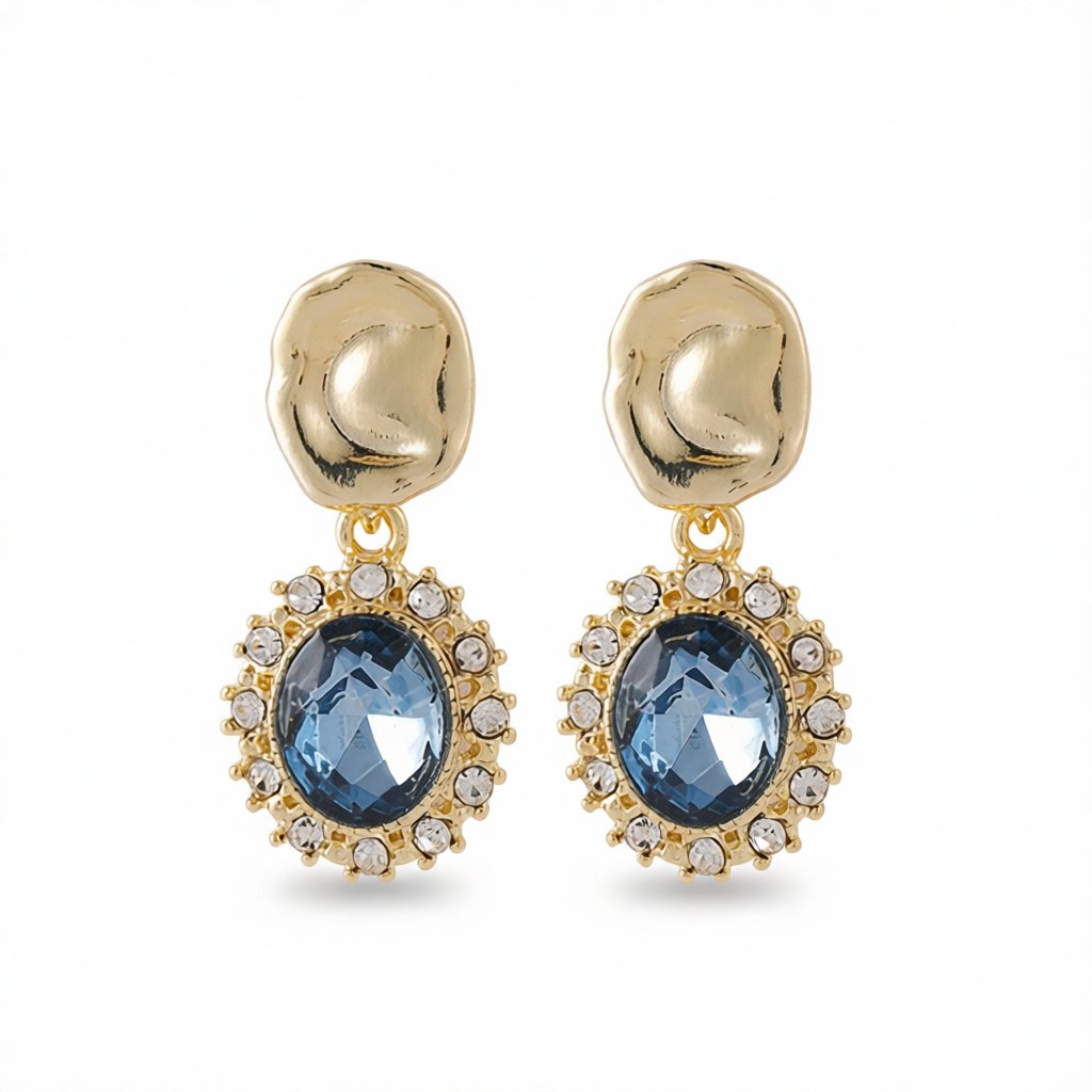 Blue Crystal and Cubic Zirconia 18K Gold-Plated Oval Drop Earrings, gold drop earrings for women, side view