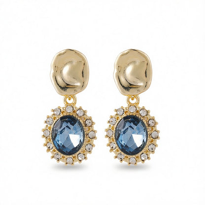 Blue Crystal and Cubic Zirconia 18K Gold-Plated Oval Drop Earrings, gold drop earrings for women, side view