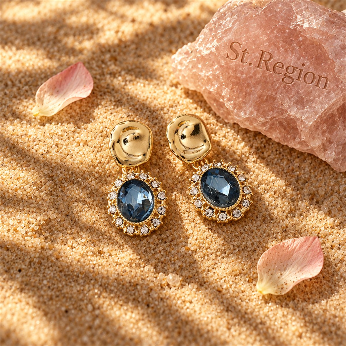 Blue Crystal and Cubic Zirconia 18K Gold-Plated Oval Drop Earrings, gold drop earrings for women, detail close-up