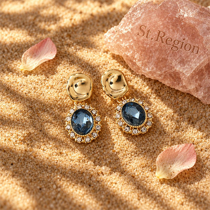 Blue Crystal and Cubic Zirconia 18K Gold-Plated Oval Drop Earrings, gold drop earrings for women, detail close-up