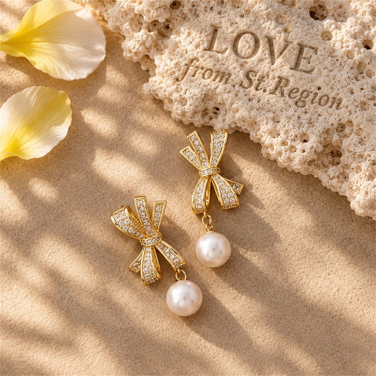 Cubic Zirconia and Pearl 18K Gold-Plated Bow Dangle Drop Earrings, gold drop earrings for women, lifestyle look