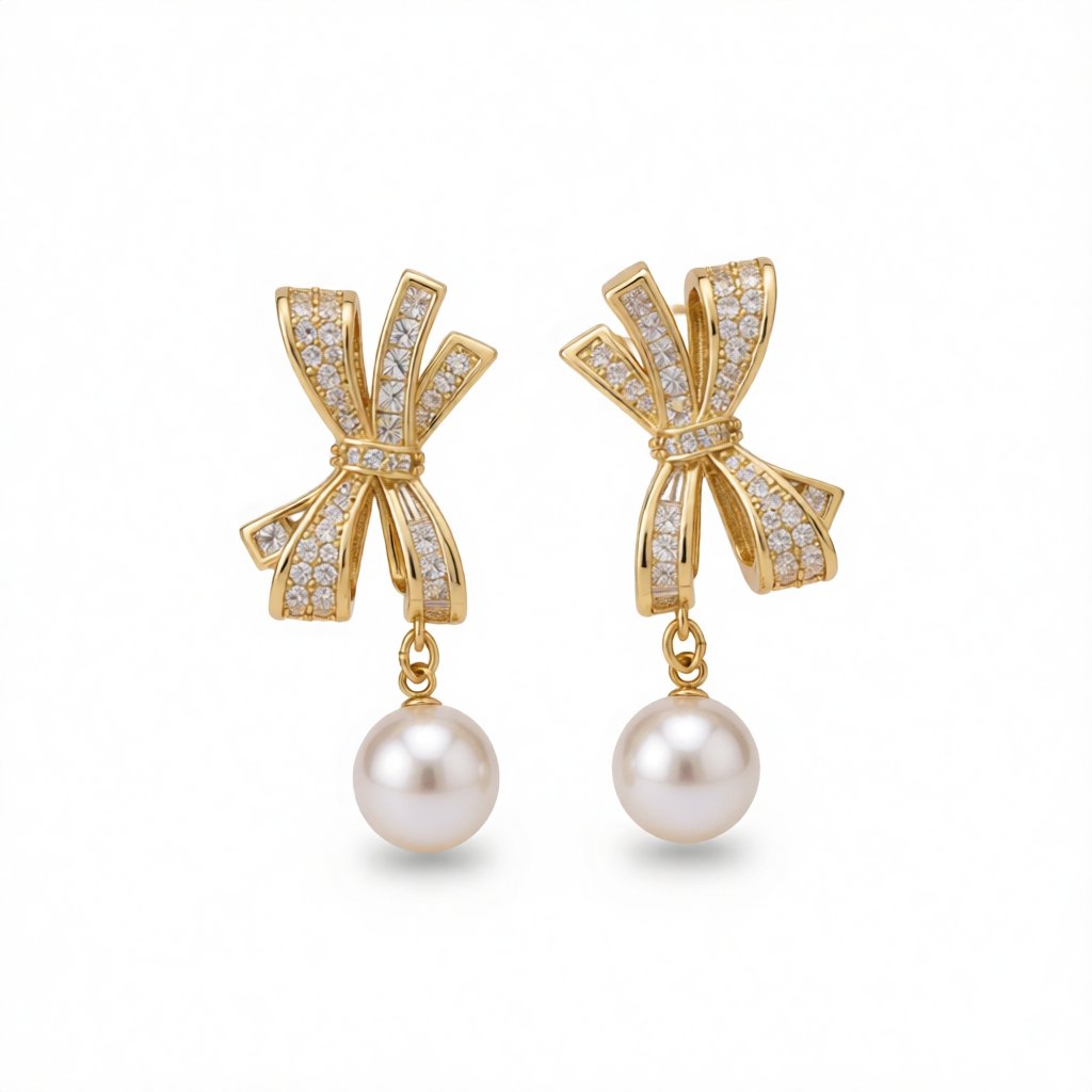 Cubic Zirconia and Pearl 18K Gold-Plated Bow Dangle Drop Earrings, gold drop earrings for women, side view