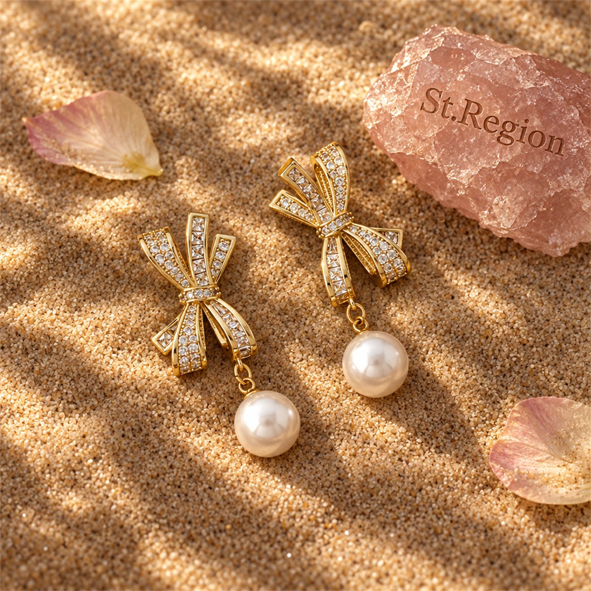 Cubic Zirconia and Pearl 18K Gold-Plated Bow Dangle Drop Earrings, gold drop earrings for women, detail close-up