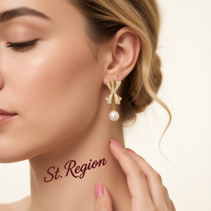 Cubic Zirconia and Pearl 18K Gold-Plated Bow Dangle Drop Earrings, gold drop earrings for women, styled look