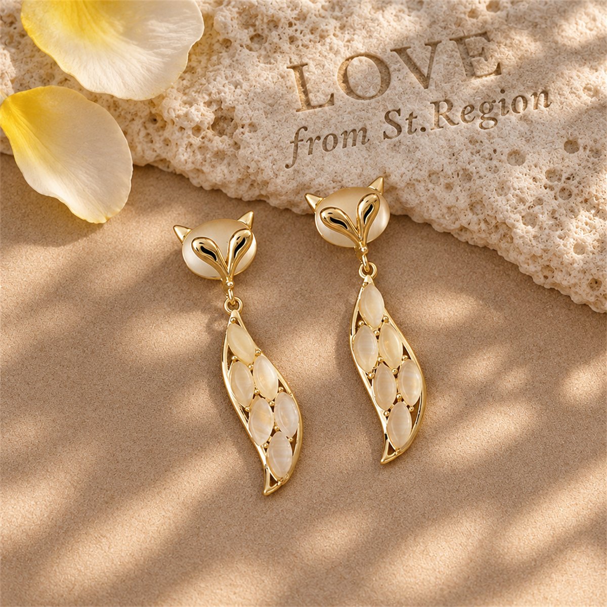 Cat's Eye and 18K Gold-Plated Fox Drop Earrings, gold drop earrings for women, botanical inspired, lifestyle look