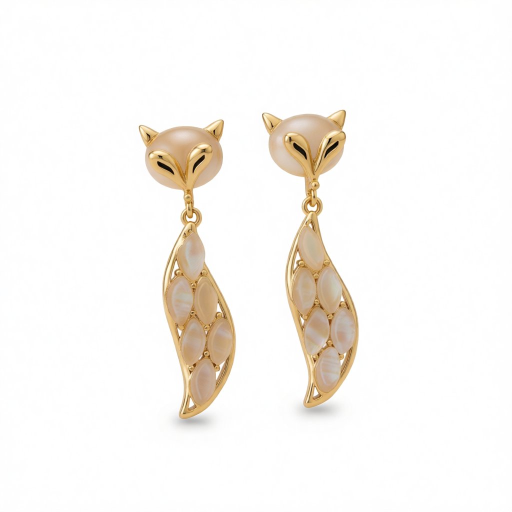 Cat's Eye and 18K Gold-Plated Fox Drop Earrings, gold drop earrings for women, botanical inspired, side view