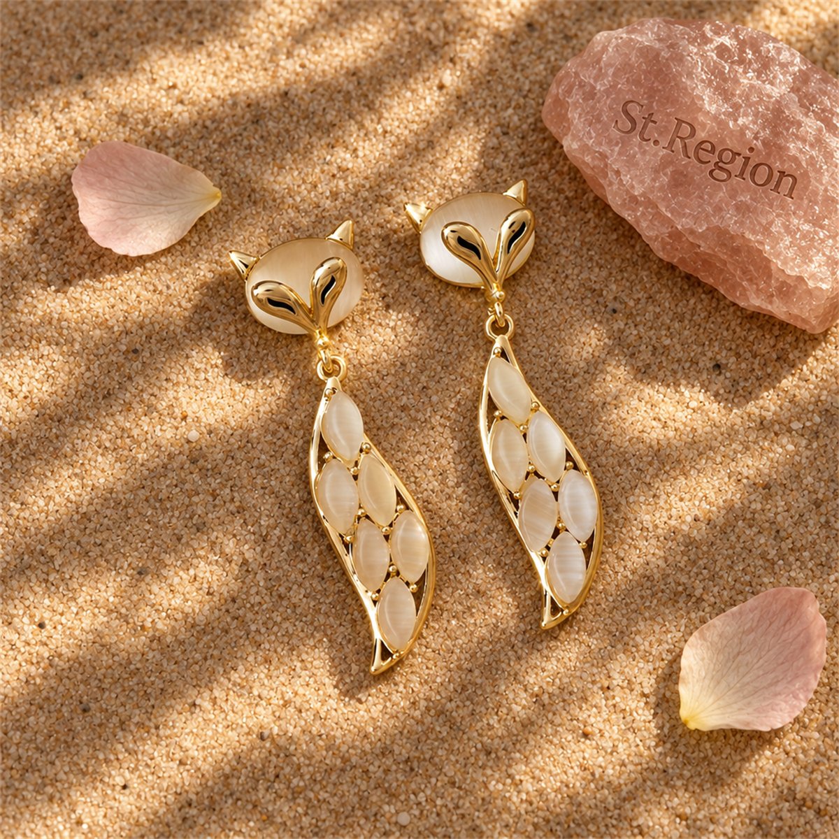 Cat's Eye and 18K Gold-Plated Fox Drop Earrings, gold drop earrings for women, botanical inspired, detail close-up