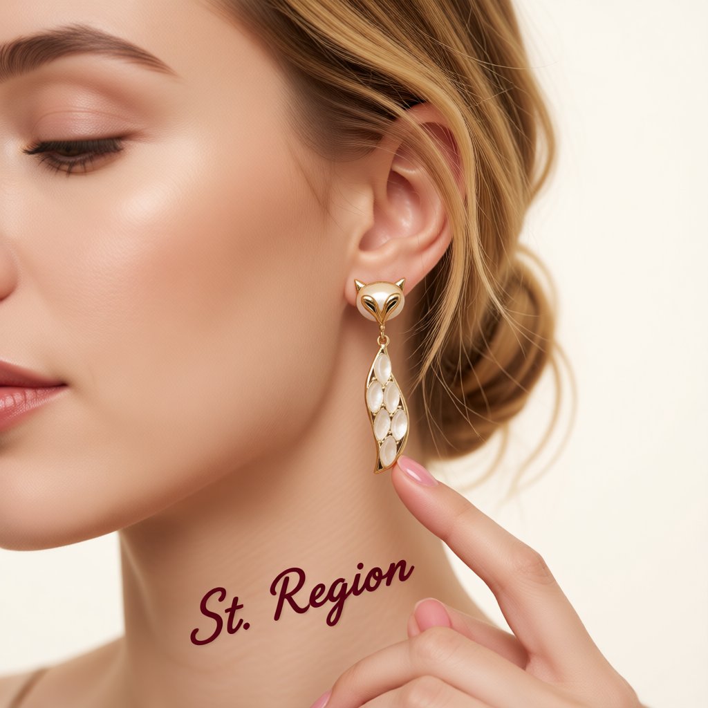 Cat's Eye and 18K Gold-Plated Fox Drop Earrings, gold drop earrings for women, botanical inspired, styled look