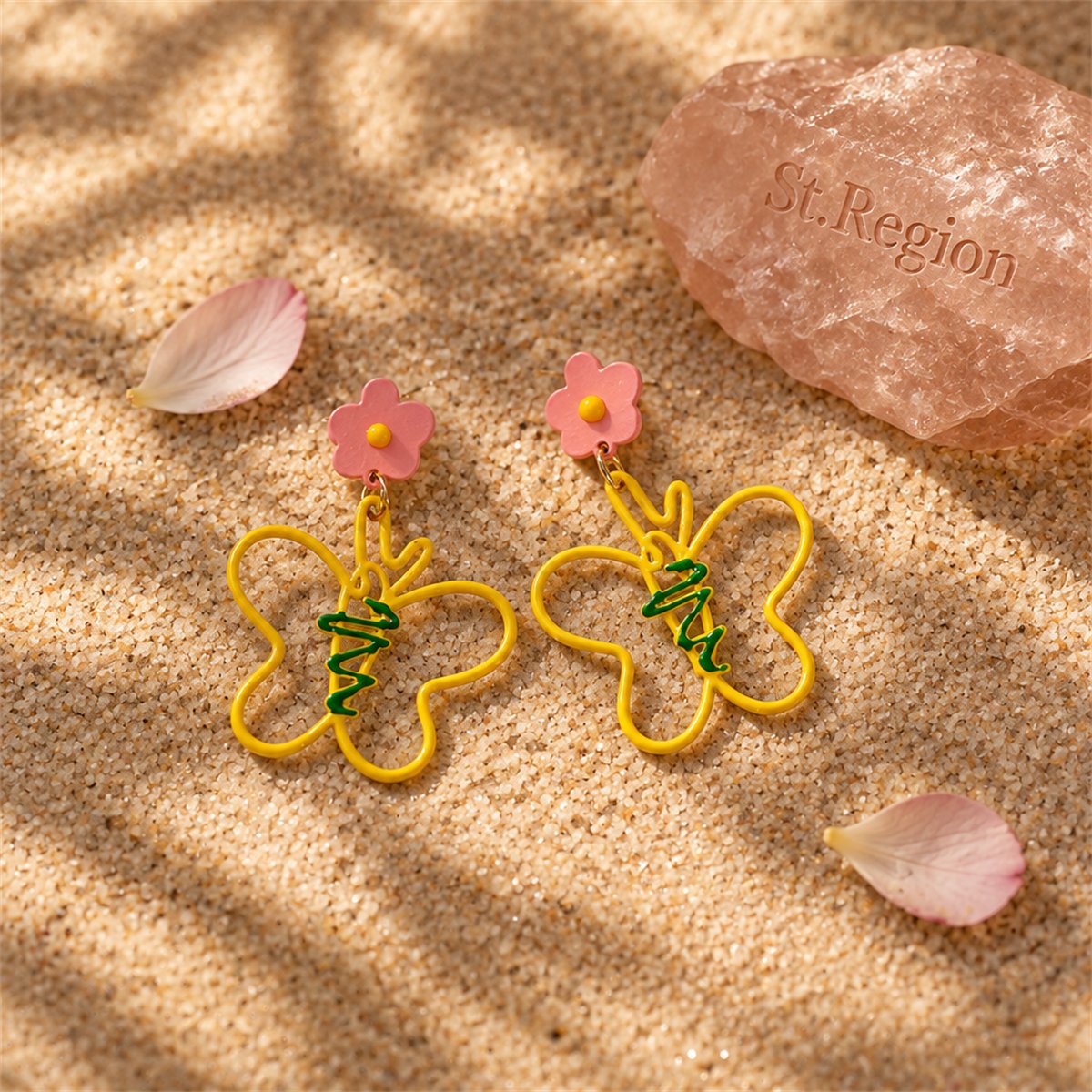Yellow and Pink Flower Butterfly Drop Earrings, drop earrings for women, elegant gift for her, detail close-up