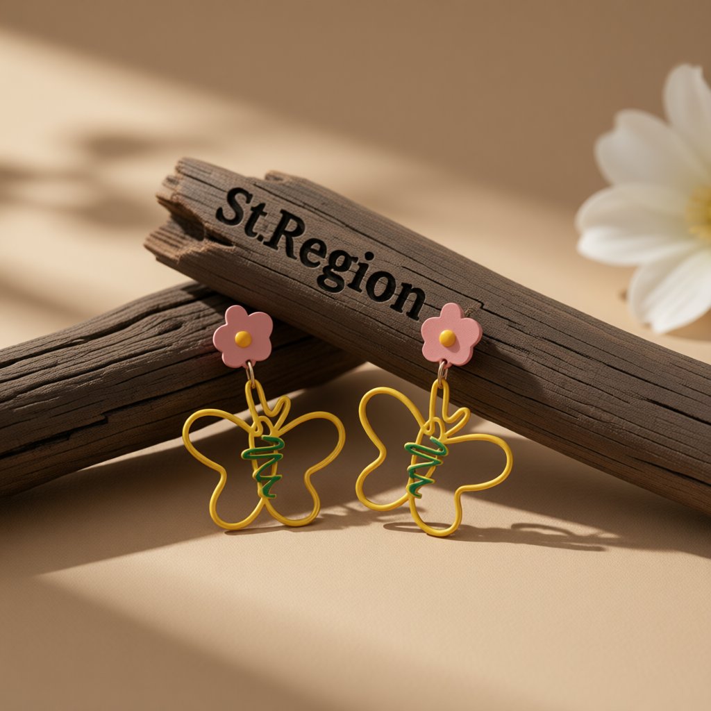 Yellow and Pink Flower Butterfly Drop Earrings, drop earrings for women, elegant gift for her, front view
