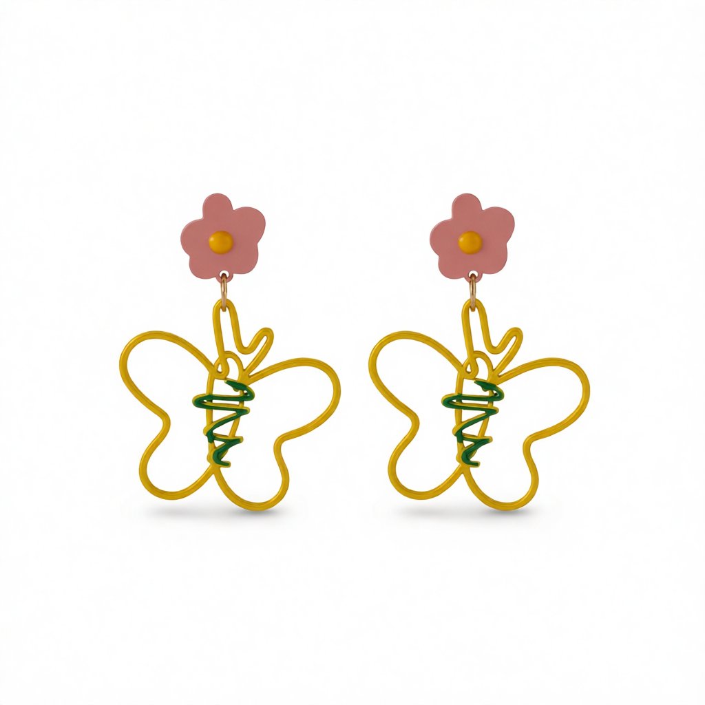 Yellow and Pink Flower Butterfly Drop Earrings, drop earrings for women, elegant gift for her, side view