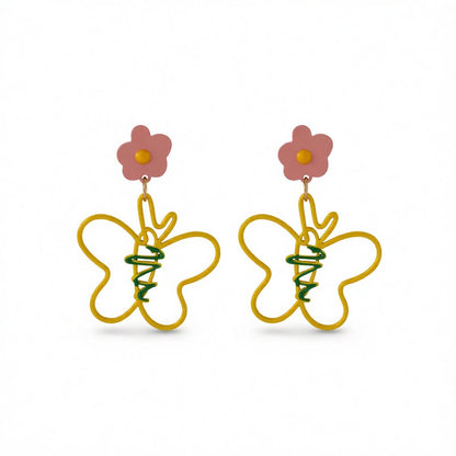 Yellow and Pink Flower Butterfly Drop Earrings, drop earrings for women, elegant gift for her, side view