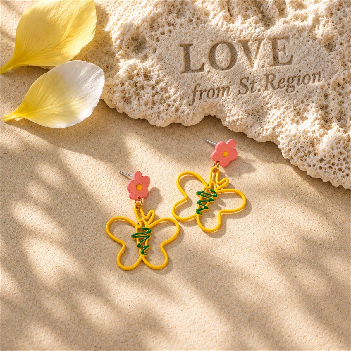Yellow and Pink Flower Butterfly Drop Earrings, drop earrings for women, elegant gift for her, lifestyle look