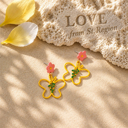 Yellow and Pink Flower Butterfly Drop Earrings, drop earrings for women, elegant gift for her, lifestyle look