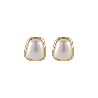 Pearl and 18K Gold-Plated Rectangle Stud Earrings, gold stud earrings for women, botanical inspired, side view