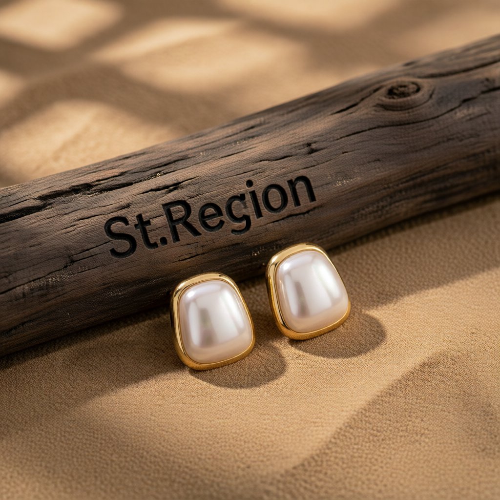 Pearl and 18K Gold-Plated Rectangle Stud Earrings, gold stud earrings for women, botanical inspired, front view