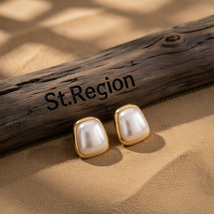 Pearl and 18K Gold-Plated Rectangle Stud Earrings, gold stud earrings for women, botanical inspired, front view