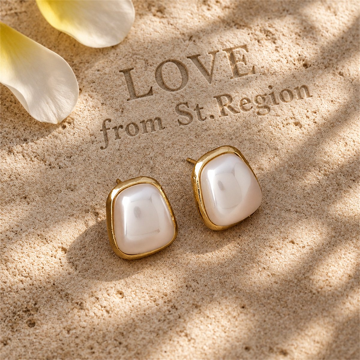 Pearl and 18K Gold-Plated Rectangle Stud Earrings, gold stud earrings for women, botanical inspired, lifestyle look