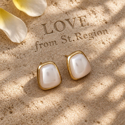 Pearl and 18K Gold-Plated Rectangle Stud Earrings, gold stud earrings for women, botanical inspired, lifestyle look