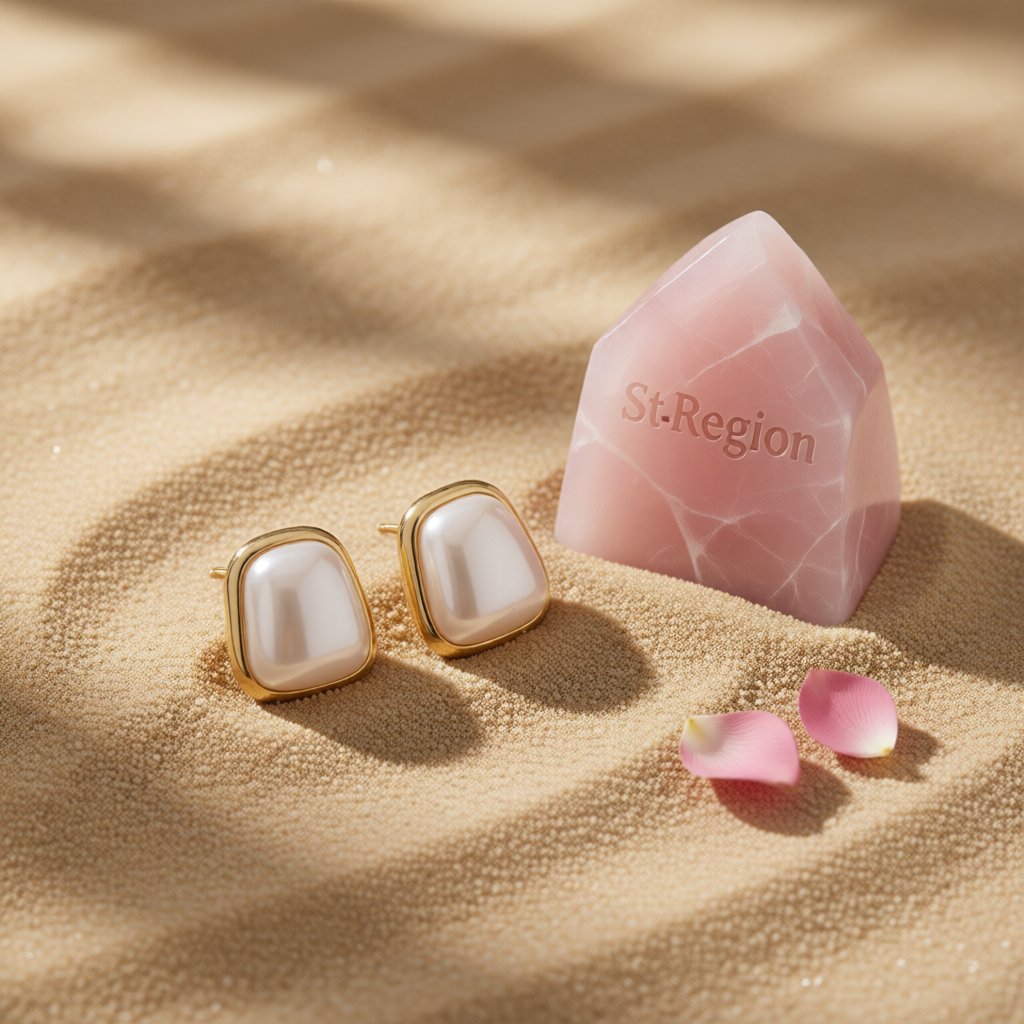 Pearl and 18K Gold-Plated Rectangle Stud Earrings, gold stud earrings for women, botanical inspired, detail close-up