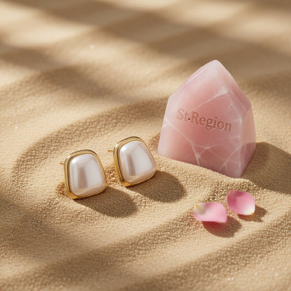 Pearl and 18K Gold-Plated Rectangle Stud Earrings, gold stud earrings for women, botanical inspired, detail close-up