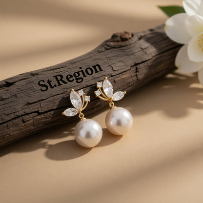 Pearl and Cubic Zirconia Butterfly Drop Earrings, drop earrings for women, dainty minimalist design, front view