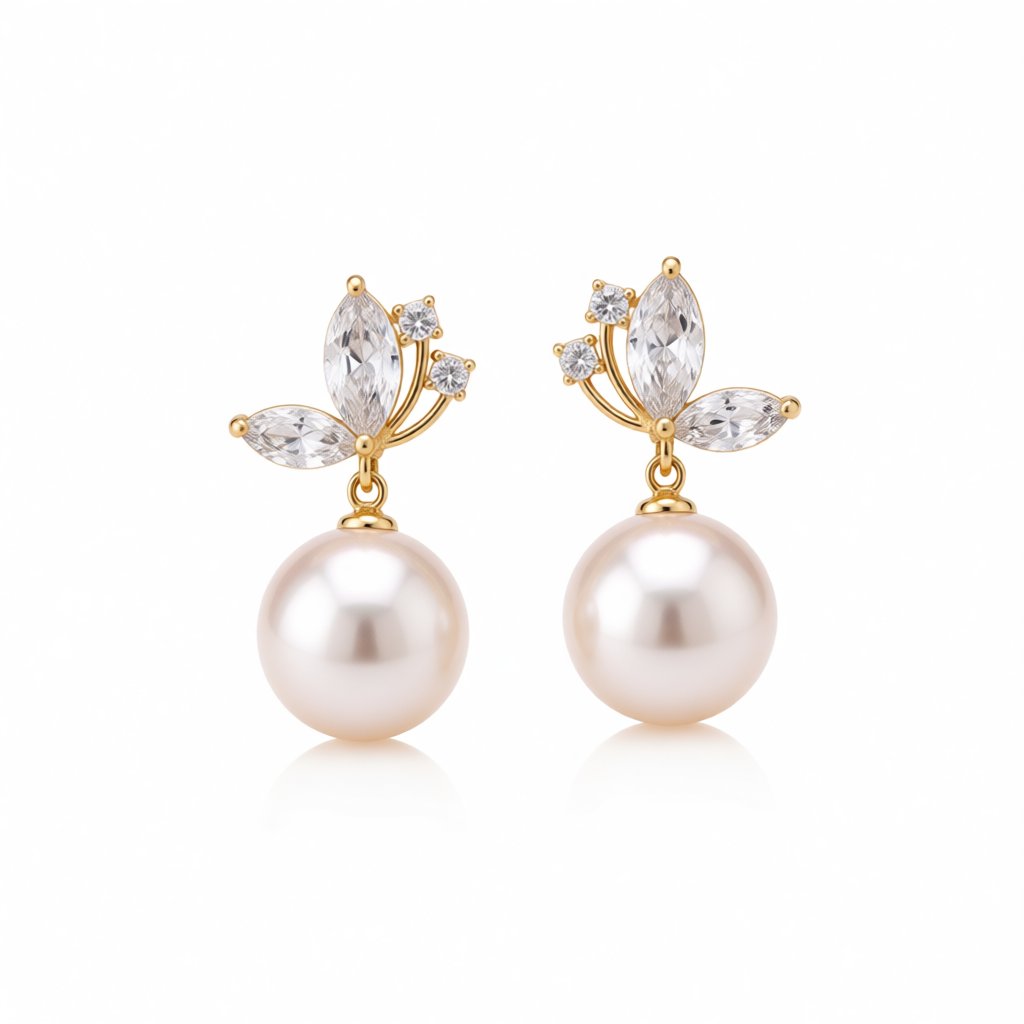 Pearl and Cubic Zirconia Butterfly Drop Earrings, drop earrings for women, dainty minimalist design, side view