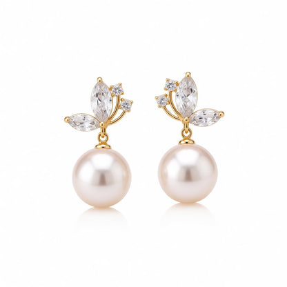 Pearl and Cubic Zirconia Butterfly Drop Earrings, drop earrings for women, dainty minimalist design, side view