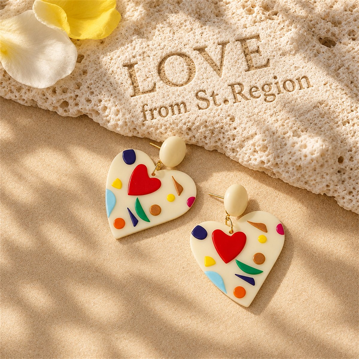 Ivory Resin and Red Acrylic 18K Gold-Plated Heart Drop Earrings, gold drop earrings for women, lifestyle look