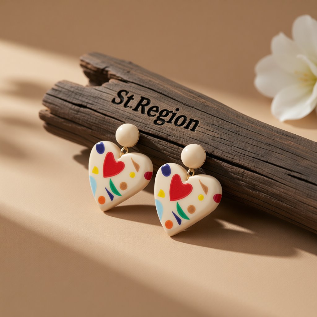 Ivory Resin and Red Acrylic 18K Gold-Plated Heart Drop Earrings, gold drop earrings for women, front view
