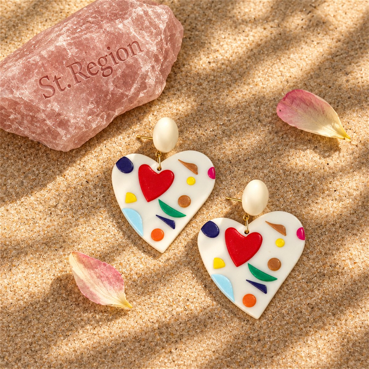 Ivory Resin and Red Acrylic 18K Gold-Plated Heart Drop Earrings, gold drop earrings for women, detail close-up