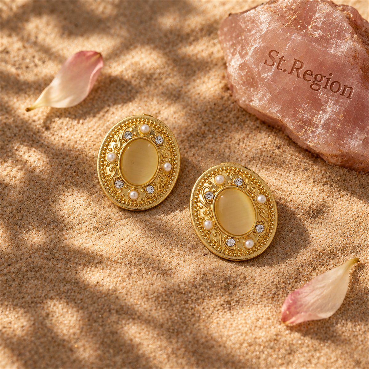 Yellow Cats Eye and Pearl 18K Gold-Plated Oval Stud Earrings, gold stud earrings for women, detail close-up