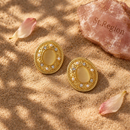 Yellow Cats Eye and Pearl 18K Gold-Plated Oval Stud Earrings, gold stud earrings for women, detail close-up