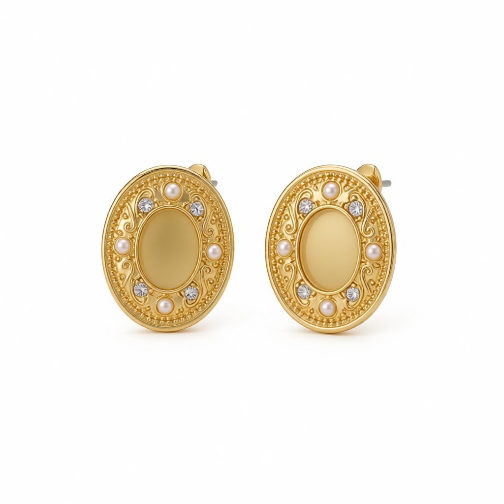 Yellow Cats Eye and Pearl 18K Gold-Plated Oval Stud Earrings, gold stud earrings for women, side view